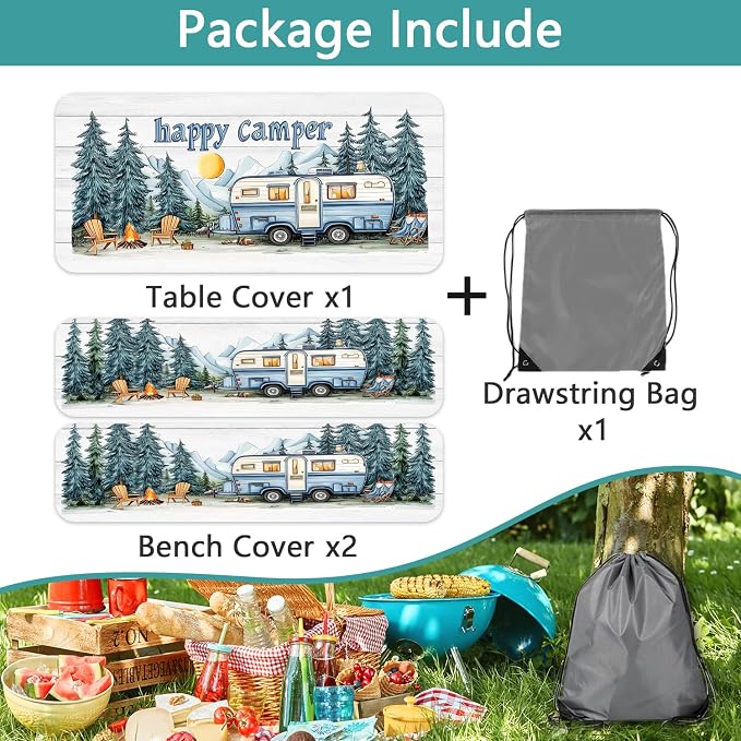 Picnic Table Cover with Bench Covers Elastic Edges, Outdoor Patio Camping Essentials 72 Inch 3PCS, Camper Fitted Table Cover, Waterproof Rectangle Tablecloth with Drawstring Bag,Blue White