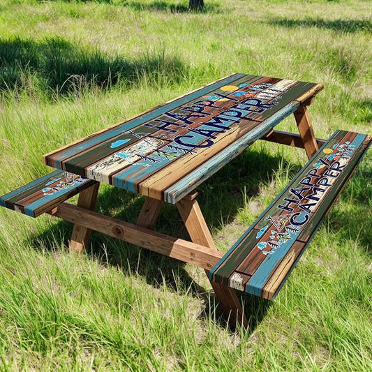 Picnic Table Cover with Bench Covers and Bag, Outdoor Wooden Camping Camper RV Wood Waterproof Windproof Tablecloth with Elastic Edges, Camping Accessories RV Gear Campers 96x30 Inches 3 Pcs Set