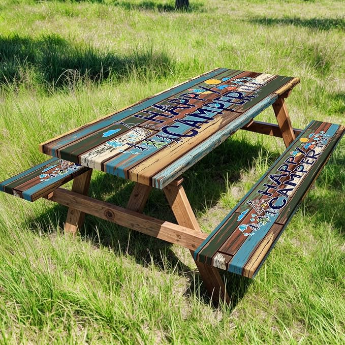 Picnic Table Cover with Bench Covers and Bag, Outdoor Wooden Camping Camper RV Wood Waterproof Windproof Tablecloth with Elastic Edges, Camping Accessories RV Gear Campers 60x30 Inches 3 Pcs Set