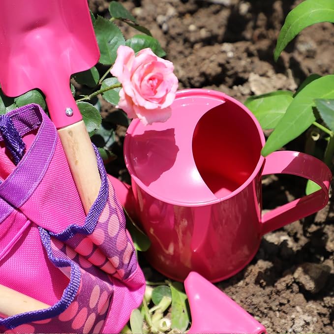 Kids Gardening Tools Set, Toddler Play Kit Child Outdoor Toy with Gloves, Watering Can, Metal Shovel, Rake, Spade & Storage Bag, Backyard Sand Digging Holiday Birthday Gift for Boy Girl 3 4 5 (Pink)