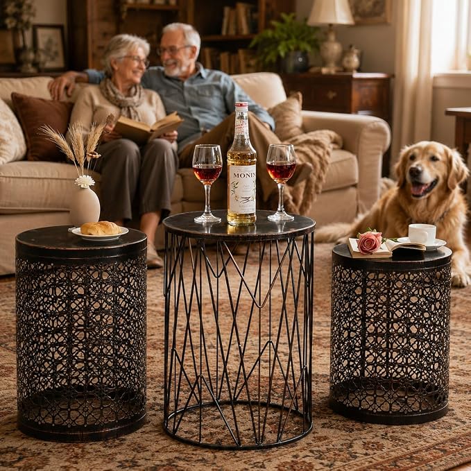 Y&M Set of 3 Stacking Coffee Table Side Table, for Living Room,Indoor End Tables for Bedroom, Outdoor Decorative Garden Stool with Heavy Duty Metal Frame Modern Industrial Decor - Black with Bronze