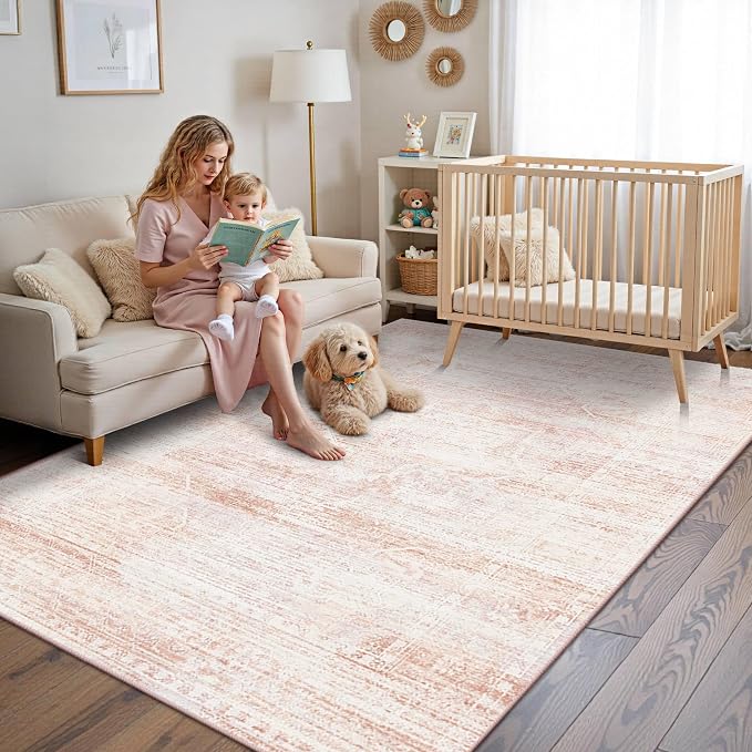 Latte&Fog 5x7 Pink Area Rugs for Girls Bedroom Washable Living Room Rugs | Non Slip Low Pile Soft Floral Cute Carpet for Dining Kitchen Kids Playroom Nursery Guest Room Classroom Dorm Farmhouse Office