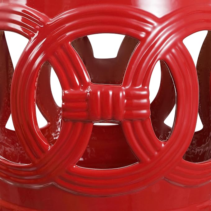 JONATHAN Y Lucky Coins 16" Ceramic Garden Stool, Contemporary Matte Red Cutout Interlocking Rings Drum Indoor/Outdoor Side Table and Plant Stand for Patio, Garden, Living Room TBL1022C
