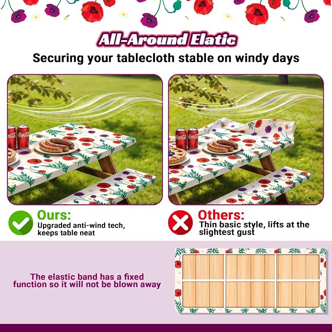 NUOLAN 6FT Picnic Table Cover with Bench Covers, Corn Poppy Print Windproof Waterproof Fitted Picnic Table with Elastic for Picnic, Camping, Outdoor