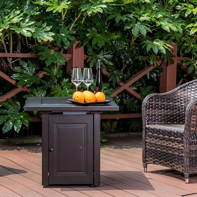 Hexago 28 Inch Propane Fire Pit, ETL Listed Outdoor Fire Pit Table, 50,000 BTU Steel Gas Fire Pits with Lid and Lava Rock, Add Warmth and Ambience to Parties On Patio Deck Garden, Mocha