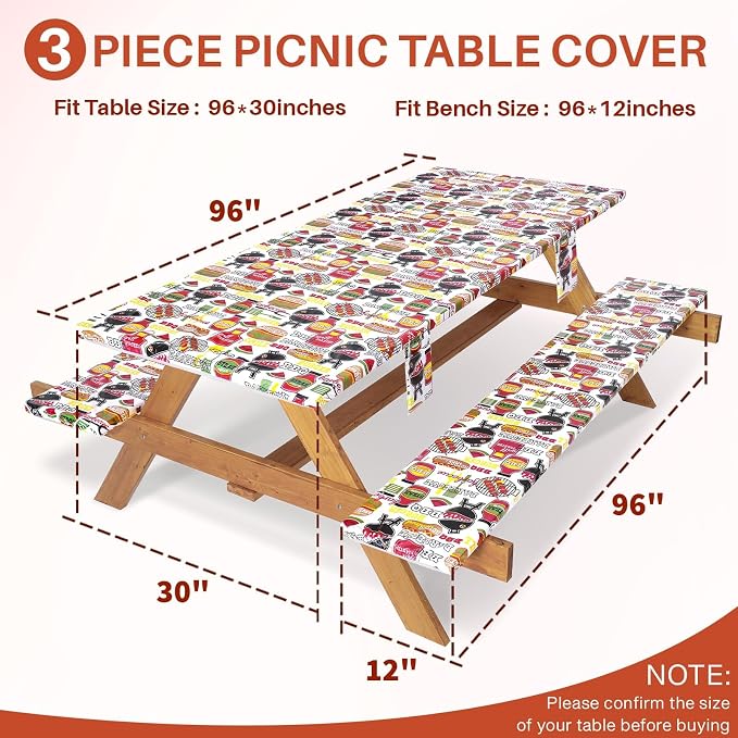 Jobunai 3 Piece Picnic Table Cover with Bench Covers Fitted Camping Table Cloths for 8Ft Tables Camper Travel Trailer Must Haves Motorhome Garden Tools Couple Wife Husband Boyfriend Girlfriend Gift