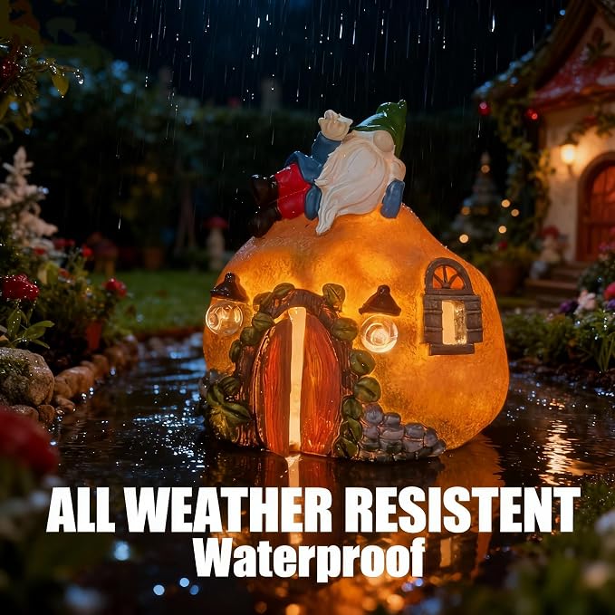 Garden Gnomes Fairy Houses Decorations Solar Statues, Outdoor LED Lights Waterproof Ornaments for Backyard Patio Lawn, Christmas Mother's Day Housewarming Gifts for Women