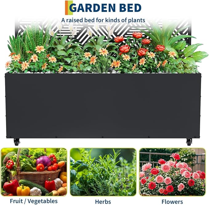 GarveeLife Metal Planter Box with Trellis and Wheels, 71"x47"x16" Raised Garden Bed for Climbing Plants, Vegetables, Vines, Privacy Planters for Patio with Drainage Holes, 15.7" Deep Planting Bed