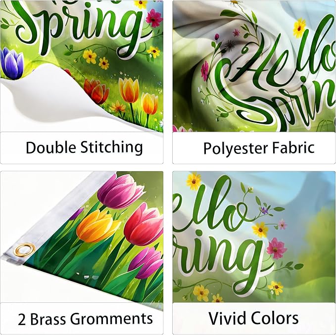 Hello Spring Flag 3x5 Ft, Double Sided Garden Banner with Colorful Tulips and Flowers, Outdoor Yard, Porch, Lawn & Patio Decoration, Seasonal Welcome Flag for Home, Durable Polyester with 2 Brass Grommets