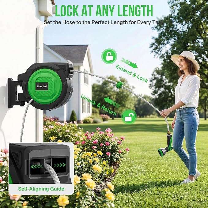 Retractable Garden Hose Reel, 1/2 in x 150 ft Heavy Duty Wall-Mounted Hose Reel with 180° Swivel Bracket, 10-Pattern Nozzle, Automatic Slow Rewind System, Any Length Lock for outside Watering,Cleaning