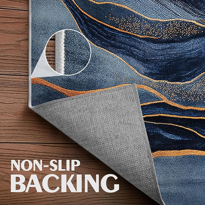 Navy Blue Area Rug Washable 5x7 Abstract Rugs for Living Room Bedroom Modern Gold Non-Slip Soft Floor Large Carpet for Office Entryway Bathroom