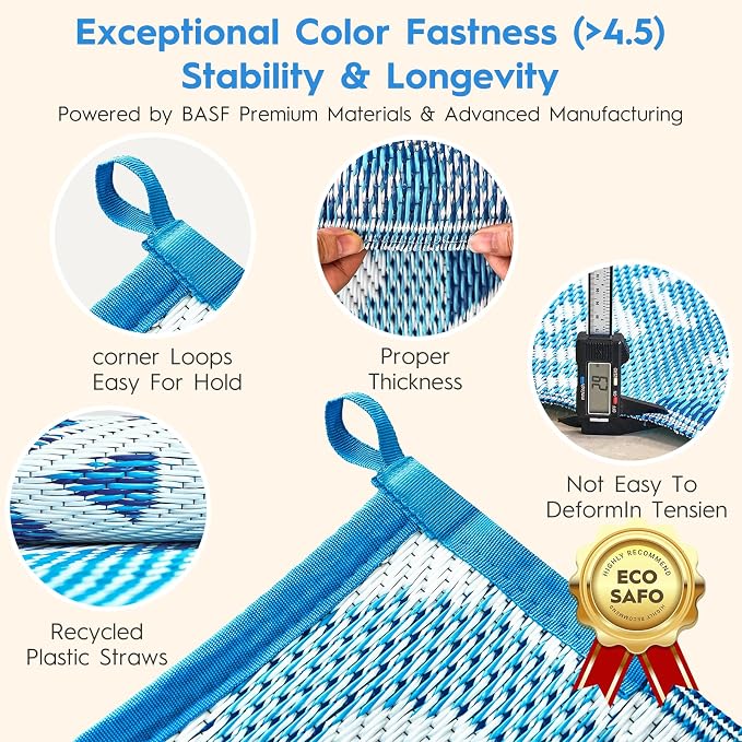 Alfolo 9x12 Outdoor Patio Rug - Waterproof Reversible Plastic Straw Mat, UV Resistant & Easy Clean, Foldable Camping Carpet with Carry Bag for RV, Deck, Pool & Picnic (Navy Blue Boho)