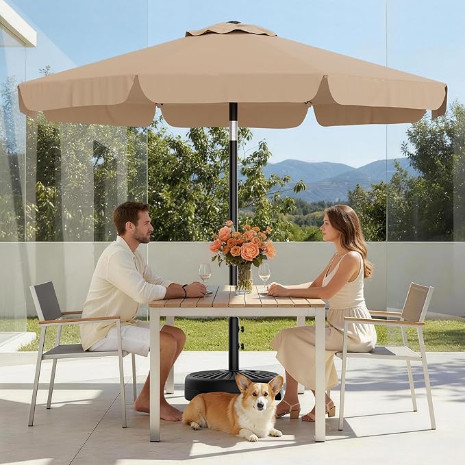 AreShark 9FT Valance Patio Umbrella, Outdoor Table Umbrella with Tilt and Crank, Outdoor Market Umbrellas W/ 8 Sturdy Ribs UV Protection for Garden, Deck, Backyard and Pool, Beige