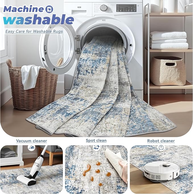 pmtsns Area Rugs 8x10 for Living Room: Washable Rug Modern Abstract Neutral Soft Non-Slip Low-Pile Indoor Large Carpet for Bedroom Dining Room Home Office Children's Room(GreyBlueBrown, 8'x10')