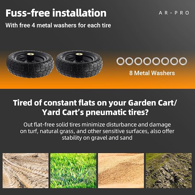 AR-PRO (2-Pack) 10" Flat Free Solid Tire and Wheel - with 5/8" Axle Bore Hole, 2.1" Offset Hub for 10 Inch Wheelbarrow Wheels - Compatible with Garden Cart,Trolleys,Hand Trucks and Yard Trailers | 5/8" Axle Bore Hole, 2.1" Offset Hub, for Wheelbarrow T...