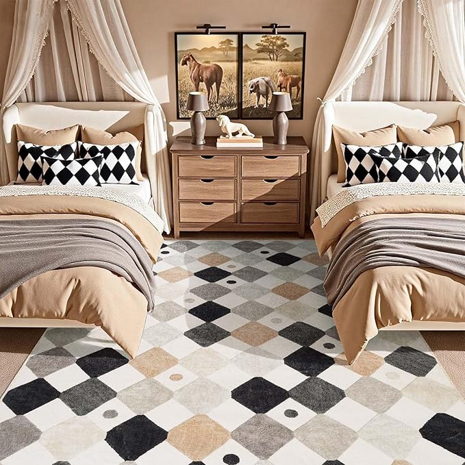 jinchan 6x9 Washable Kids Rug Classroom Rug Playroom Mat Marble | Soft, Non-Slip, Cute, Kid-Friendly, Checkered Diamond, Black White on Cream, Nursery, Living Room, Bedroom, Dorm, Daycare