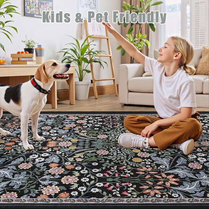 PLHXFR Area Rug Living Room: 3x5 Floral Washable Boho Carpet Dark Black | For Bedroom Dining Room Farmhouse Nursery Hallway,Vintage Floral,Machine washable,Non Slip,Stain Resistant,Large Indoor