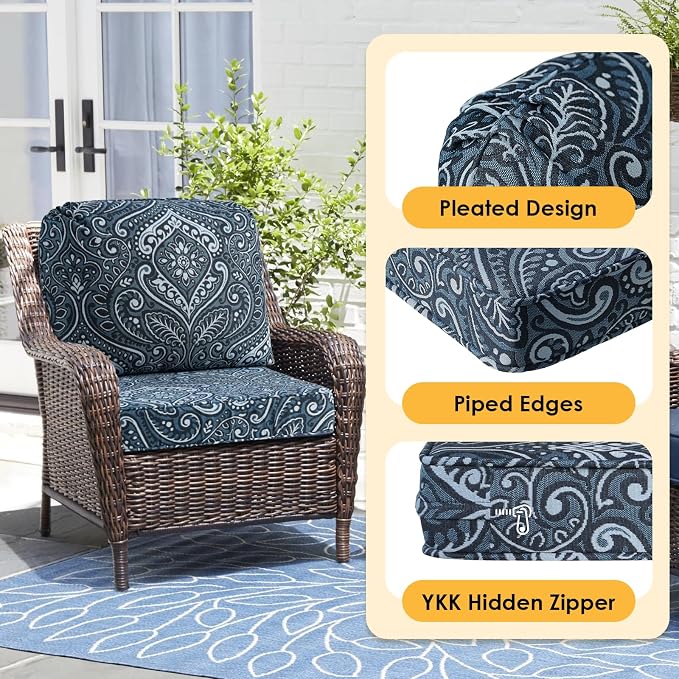 Outdoor Cushions for Patio Furniture Set of 2, 24"x24" Water Repellent Chair Cushions Removable Seat Bottom & Back Cushion Covers for Chair, Sofa, Couch, Damask Vine