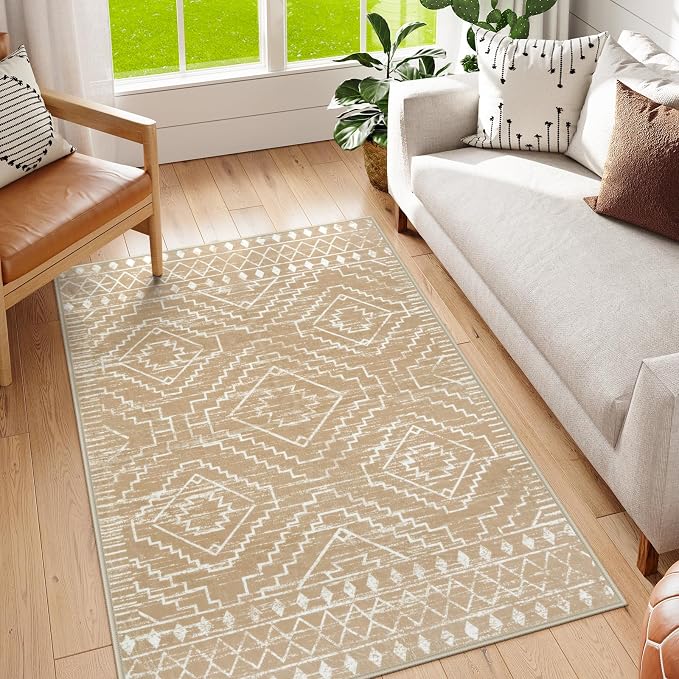 Wonnitar Moroccan Washable Rug 3x5, Non-Slip Entryway Area Rug, Soft Farmhouse Bedroom Throw Mat, Geometric Low Pile Scandinavian Accent Carpet for Entry Kitchen Basement (Kakhi,3'x5')