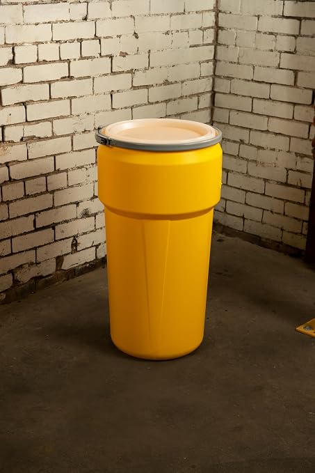 Eagle 20 Gallon Plastic Drum with Lid, Metal Lever-Lock, 30.5"x15.8", Open Head Lab Pack Drum Made of Durable, Lightweight HDPE, Withstands Weather and Chemicals, Made in USA, Yellow, 1623M