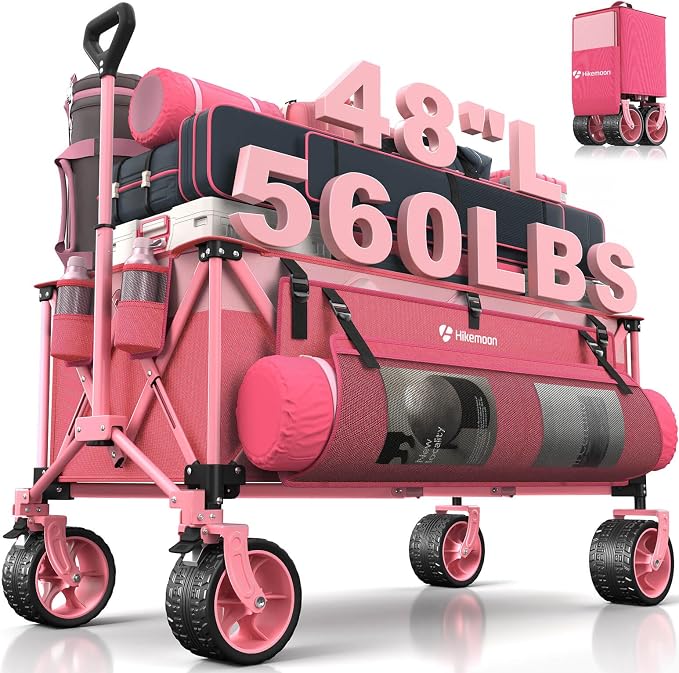 Hikemoon 300L Extra Large Wagons Carts Foldable, 560LBS Heavy Duty Collapsible Beach Wagon 48" Long with Big All-Terrain Wheels, Utility Folding Cart for Camping, Sports, Garden, Pink