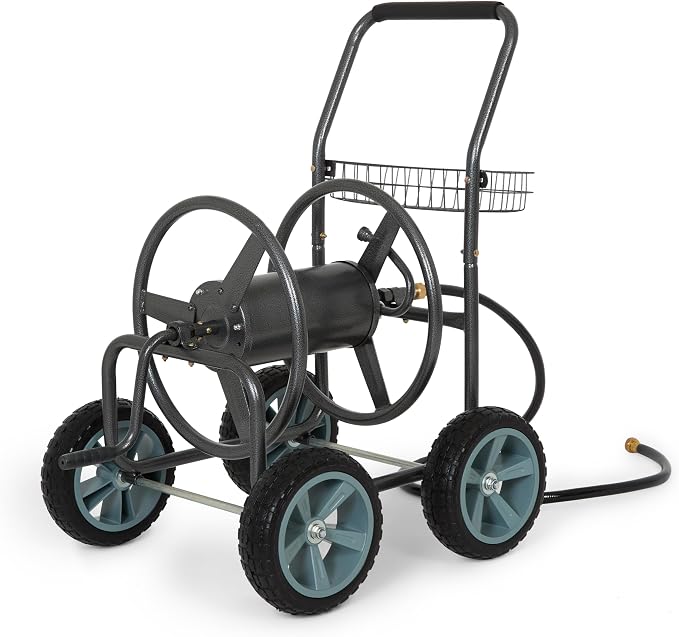 Backyard Expressions 4‑Wheel Garden Hose Reel Cart with Storage Basket, Hand‑Crank Rewind, Rust‑Resistant Hammertone Gray Finish, Brass Connectors