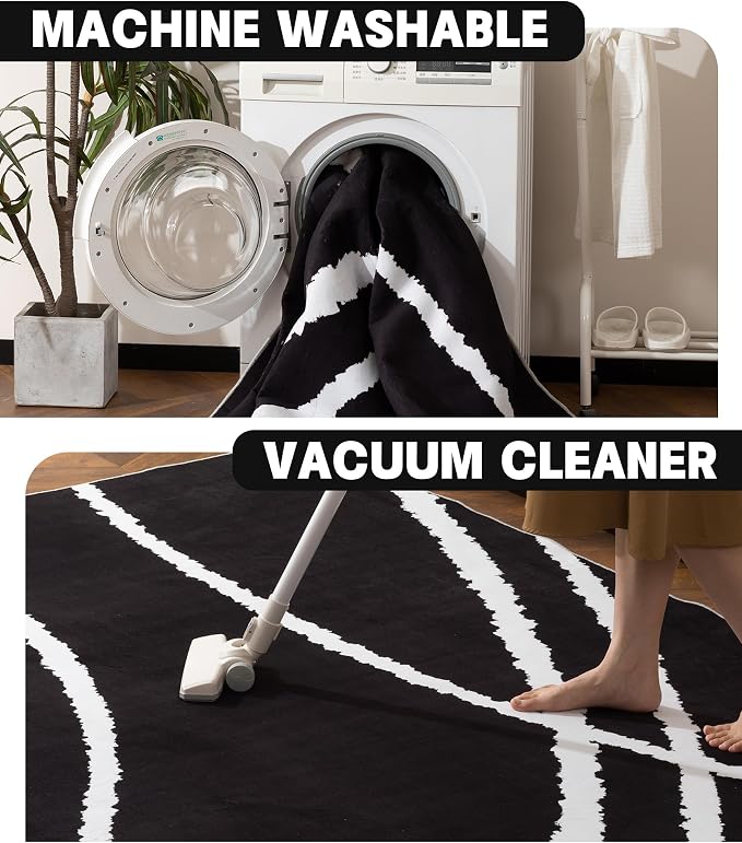 Black Modern Area Rug 5x7,Abstract Rugs for Bedroom,Minimalist Striped Rug,Black and White Geometric Rug,Dark Washable Area Rugs 5x7 Non Slip Throw Rugs for Bedroom，Office