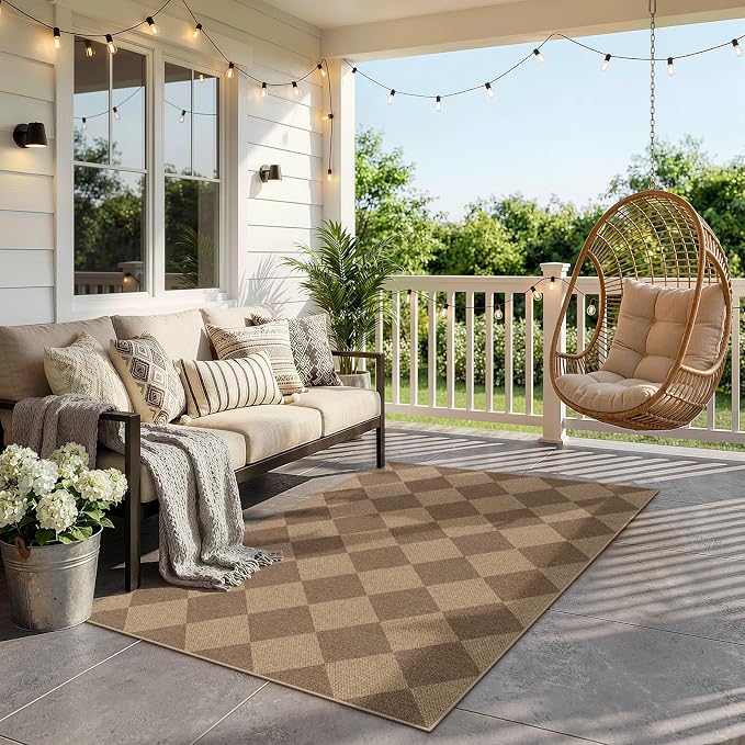 Lahome Checkered Easy Jute Indoor Outdoor Rug, 3x5 Washable Nature Rug for Entryway Living Room Indoor, Farmhouse Non Slip Checkerboard Carpet for Entry Guestroom Deck