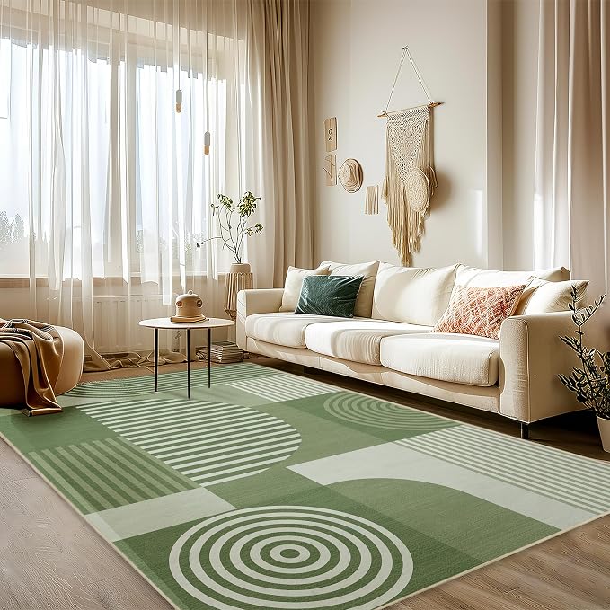 Area Rug 6x9 Living Room Green Geometric Rug Machine Washable Minimalist Line Mid Century Modern Area Rugs Non Slip Low Pile Large Dining Room Indoor Floor Carpet for Bedroom Office,Green