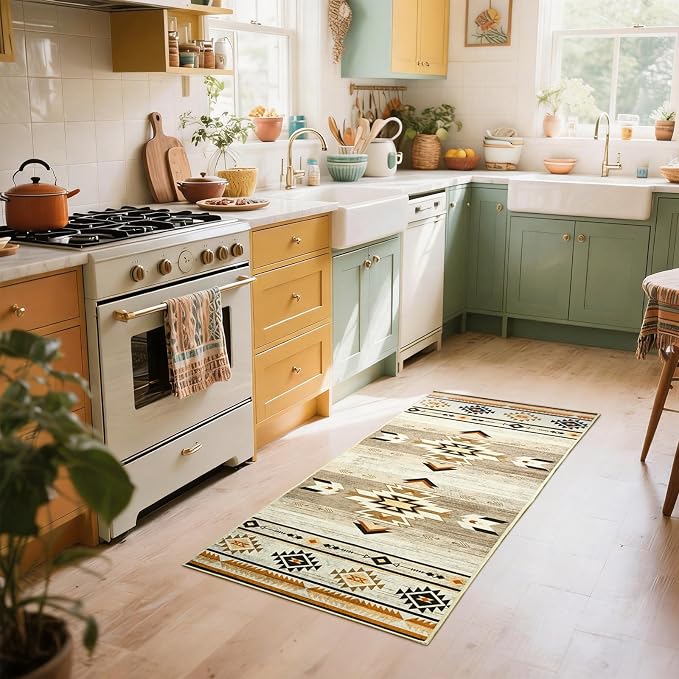 BENRON Western Hallway Runner Rug 2x4 for Bedroom, Washable, Beige Brown | Non Slip Southwest aztec Rug, Accent and Tribal Long Runners for Kitchen