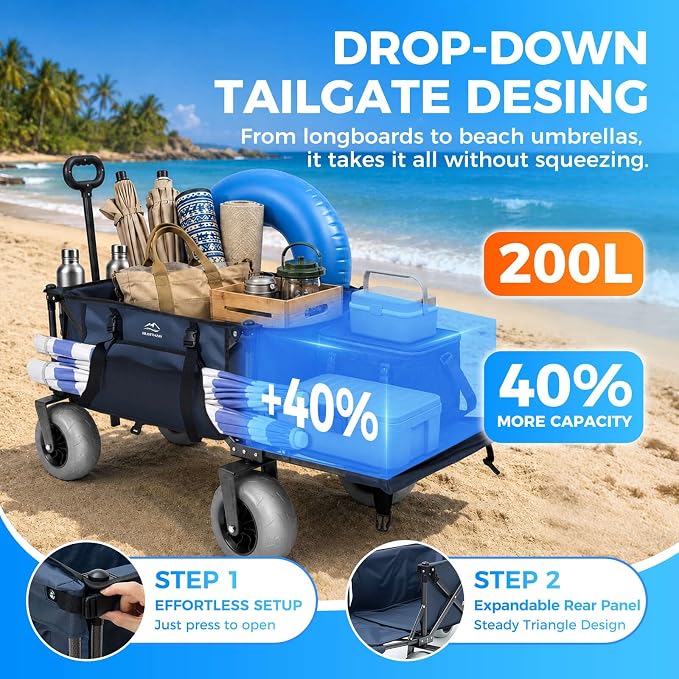 Heavy Duty Beach Wagon with 9" Big Sand-Proof Balloon Wheels, 200L Oversized Foldable Beach Cart, 440LBS Utility Wagon with Side Pocket for Sand,Camping,Vacation