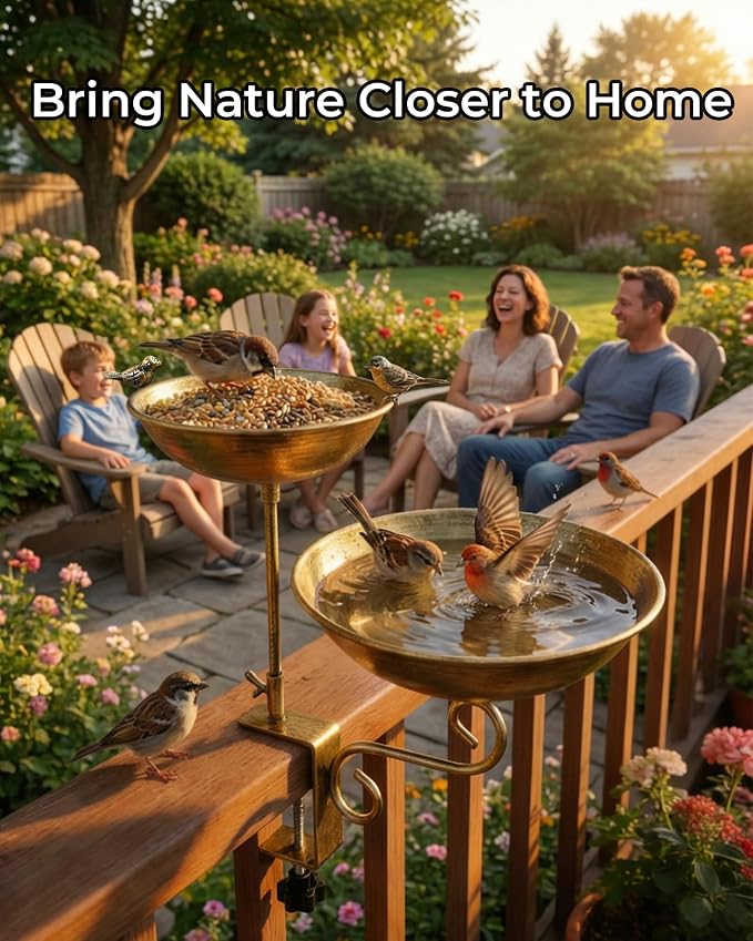 Deck Mounted Dual-Tier Bird Bath with Adjustable Clamp Metal Balcony Bird Bath & Bird Feeder for Railing, Patio, Fence – Easy Clean Outdoor Birdbath for Cardinals, Finches & Sparrows