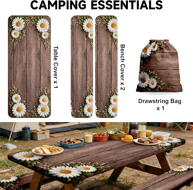 NYZE 3 Pieces Picnic Table Cover with Bench Covers Set, Camping Tablecloth, Tablecloth Cover with Drawstring Bag, Camping Essentials for Outdoor Picnics, Patio, BBQ (Wood Daisy)