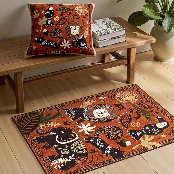 jinchan 2x3 Cute Area Rug Kids Washable Fun Rug Terracotta Boho Jungle Mat | Soft, Cozy, Non-Slip, Kid-Friendly, Safari, Lightweight, Entryway, Kitchen, Dorm, Bedroom, Laundry Room, Bathroom, Nursery