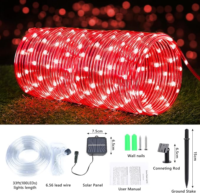 Jnaurb Solar Rope Lights, 2 Pack Total 66ft 200LED Solar String Lights, 8 Modes Waterproof Solar Outdoor Light, Flexible Clear Trampoline Light for Garden Yard Patio Deck Porch Pool Tree Decor - Red