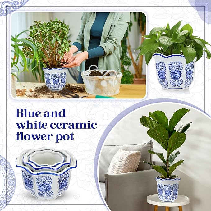 Briwooody Set of 3 Blue and White Porcelain Flower Pots 7.2'' 6'' 4'' Decorative Chinoiserie Plant Pots with Drainage Hole Saucers Ceramic Planters for Indoor Garden(Classic Style)