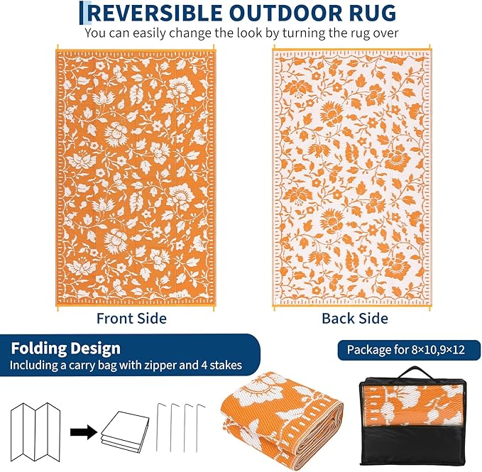 Garvee 6x9 RV Outdoor Rug Waterproof, Floral Outdoor Plastic Straw Rug with Portable Bag, Vintage Foldable Reversible Outside Rugs for Picnic Backyard Deck Balcony Porch Beach Camper, Orange