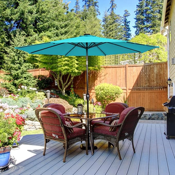 HAPPYGRILL 10FT Patio Umbrella with Lights Outdoor Solar Powered Sunbrella with Tilt Crank Umbrella for Garden Poolside Backyard Beach