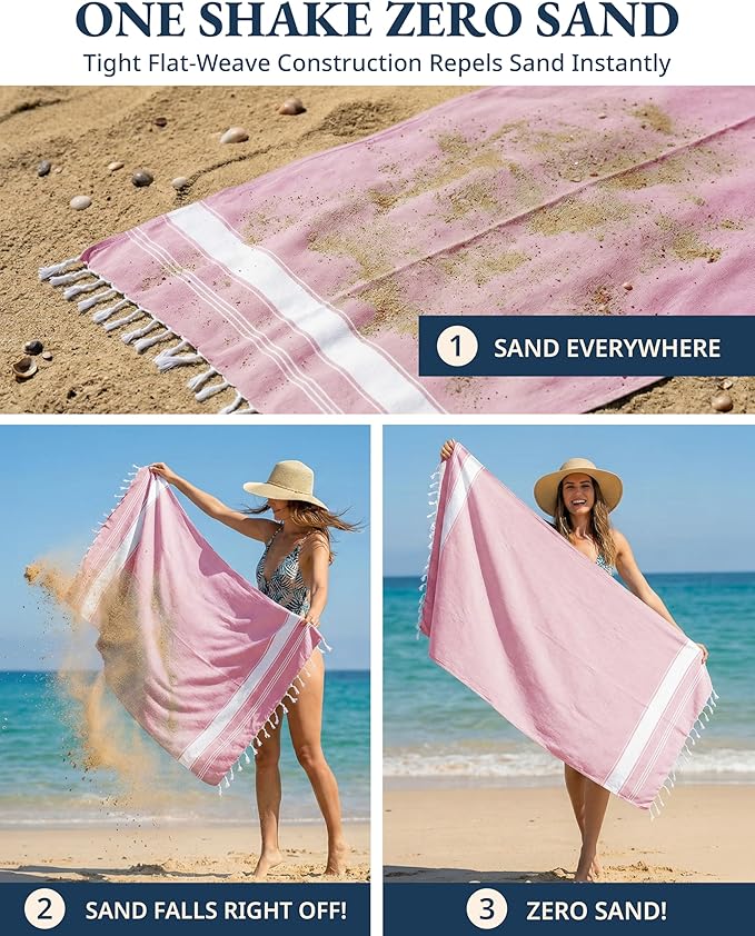 LANE LINEN Turkish Beach Towels, 2 Pack Extra Large Beach Towel, Pre-Washed for Soft Feel, Oversized Sand Free Quick-Dry Pool Towel, Beach Towels for Adults, 39"x71" - Candy Pink