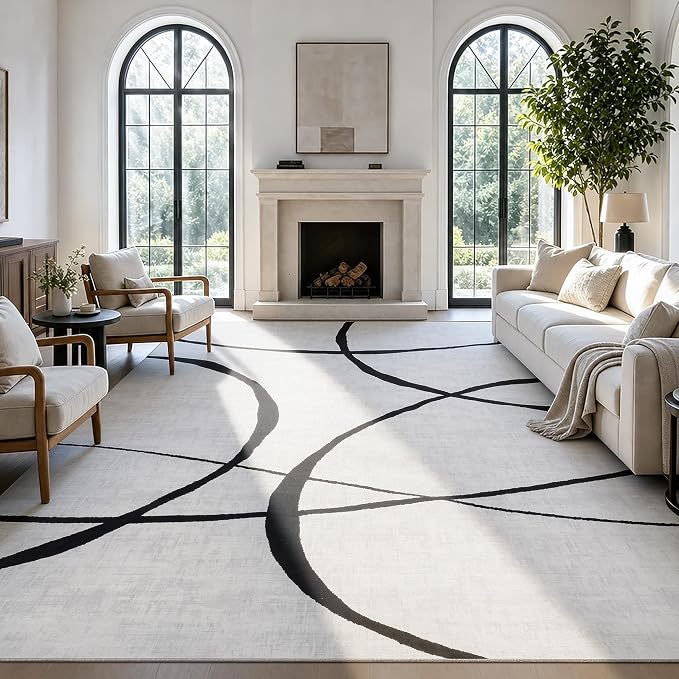9x12 Washable Modern Abstract Black White Area Rug | Ultra-Thin Low Pile, Non-Slip TPE Backing, Soft Stain Resistant, Machine Washable, for Hallway Entryway Laundry High Traffic