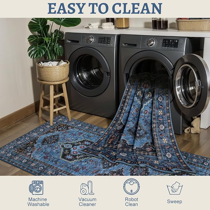 Tangsoo Blue 2.6x8 Washable Runner Rug for Hallways, Non Slip Runner Rug | Oriental Soft Low Pile Long Rug Runner,Vintage Boho Print Carpet Runners for Kitchen Bedroom Entryway Bathroom Living Room