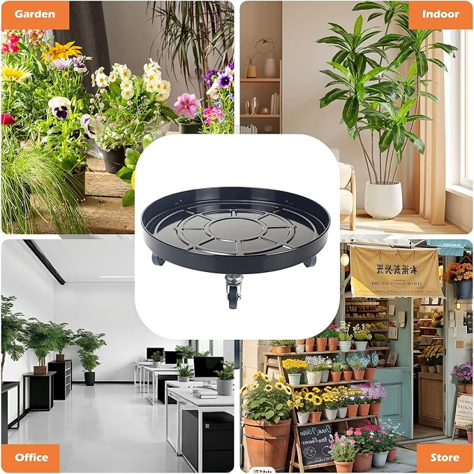 16 Inch Heavy Duty Plant Stand on Wheels, Round Plant Caddy with Wheels for Indoor & Outdoor Use, Metal Rolling Tray for Potted and Small Furniture (Black 2 Pcs)