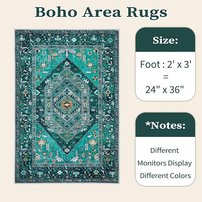 SERISSA 2x3 Washable Non Slip Boho Small Area Rug for Entryway，Teal | Ultra Soft Vintage Oriental Carpet Low-Pile Tribal Indoor Mat for Bedroom Kitchen Bathroom Entrance Floor