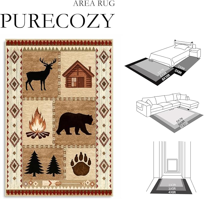 Area Rug 5x7 Rustic Cabin Bear Deer Rug Lodge Country Farmhouse Wildlife Rugs for Living Room Southwesten Machine Washable Non-Slip Printed Low-Pile Indoor Carpet for Bedroom Dining Room Office