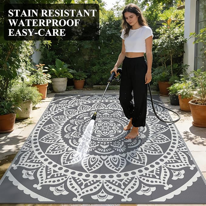 Bsmathom Waterproof Outdoor Rug 9x12 ft Large Reversible Boho Plastic Straw Patio Deck Camping Rugs, Indoor Outdoor Portable RV Mat Carpet for Outside, Porch, Balcony, Backyard, Beach, Pool,Grey