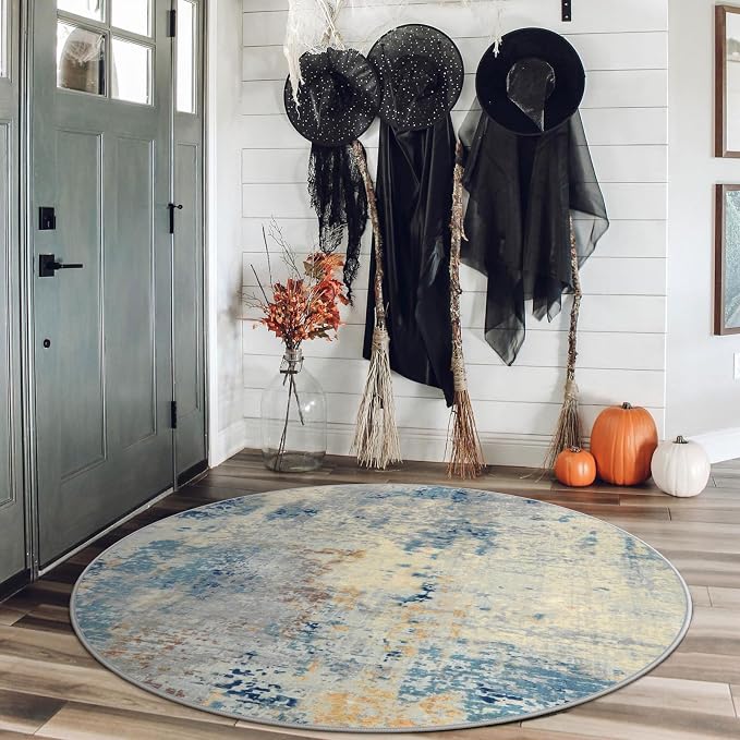 Lahome Modern Abstract Round Rug 4Ft, Blue Washable Front Door Mat Soft 4x4 Circle Rug for Entryway Bedroom Non Slip, Contemporary Indoor Floor Carpet for Living Room Sofa Bedroom Nursery Decor