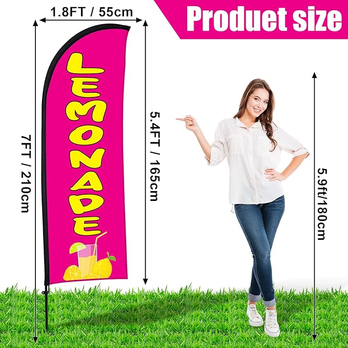 Buryeah 2 Pack Lemonade Feather Flag for Business Advertising 7x5.4ft Feather Flag Sign with Flagpole Ground Stake Portable Bag Lemonade Banner with Rope for Outside Garden Business Party (Rose Pink)