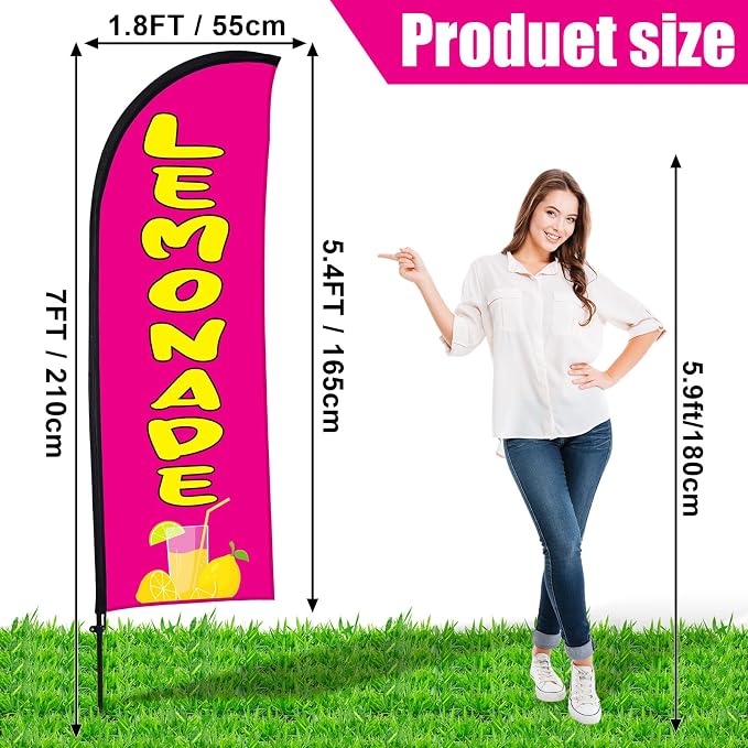 Buryeah Lemonade Feather Flag for Business Advertising 7 x 5.4ft Feather Flag Sign with Flagpole Ground Stake Portable Bag Lemonade Themed Banner with Rope for Outside Garden Business Party(Rose Pink)