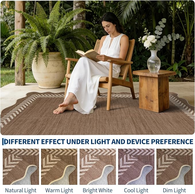 Garvee Large Area Rug 10x13 Rugs Easy Jute Washable Rug, Brown | Scalloped Area Rug Stain Resistant Easy Cleaning Throw Rugs Low Pile Floor Cover for Nursery Dining Room Apartment
