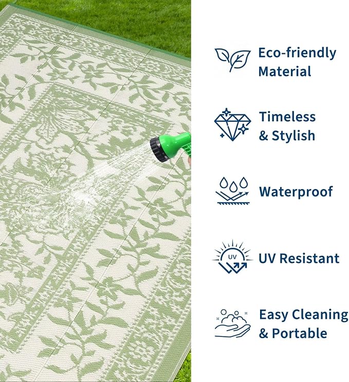 Garvee Outdoor Rug 9x12, Waterproof Reversible Foldable Plastic Straw Rug, Botanical Cottagecore Outdoor Rugs Patio Camping RV Carpet for Deck Camper Porch Balcony Picnic Beach Gray Sage Green